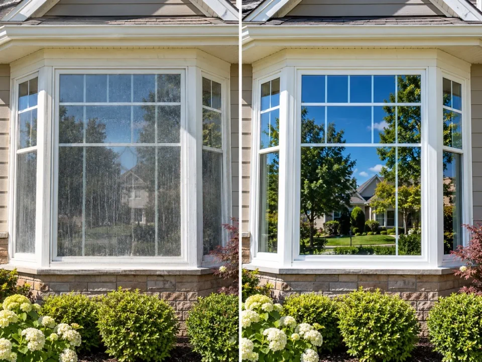 Bay window before and after pure-water window cleaning