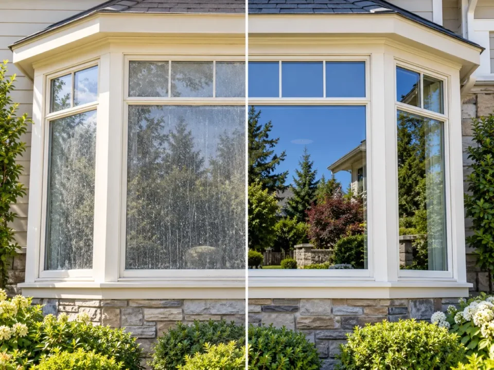 Picture window before and after exterior window cleaning