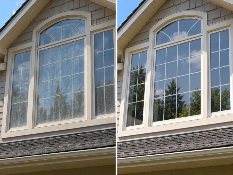 Second-story arched windows before and after exterior window cleaning in Austin, hard water spots removed with pure filtered water