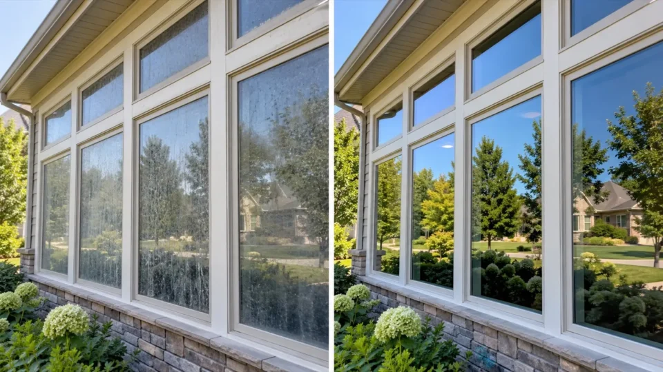Sunroom windows before and after exterior window cleaning